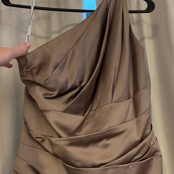 David's Bridal One-Shoulder Satin Dress champagne colored with matching sash - Picture 2 of 9